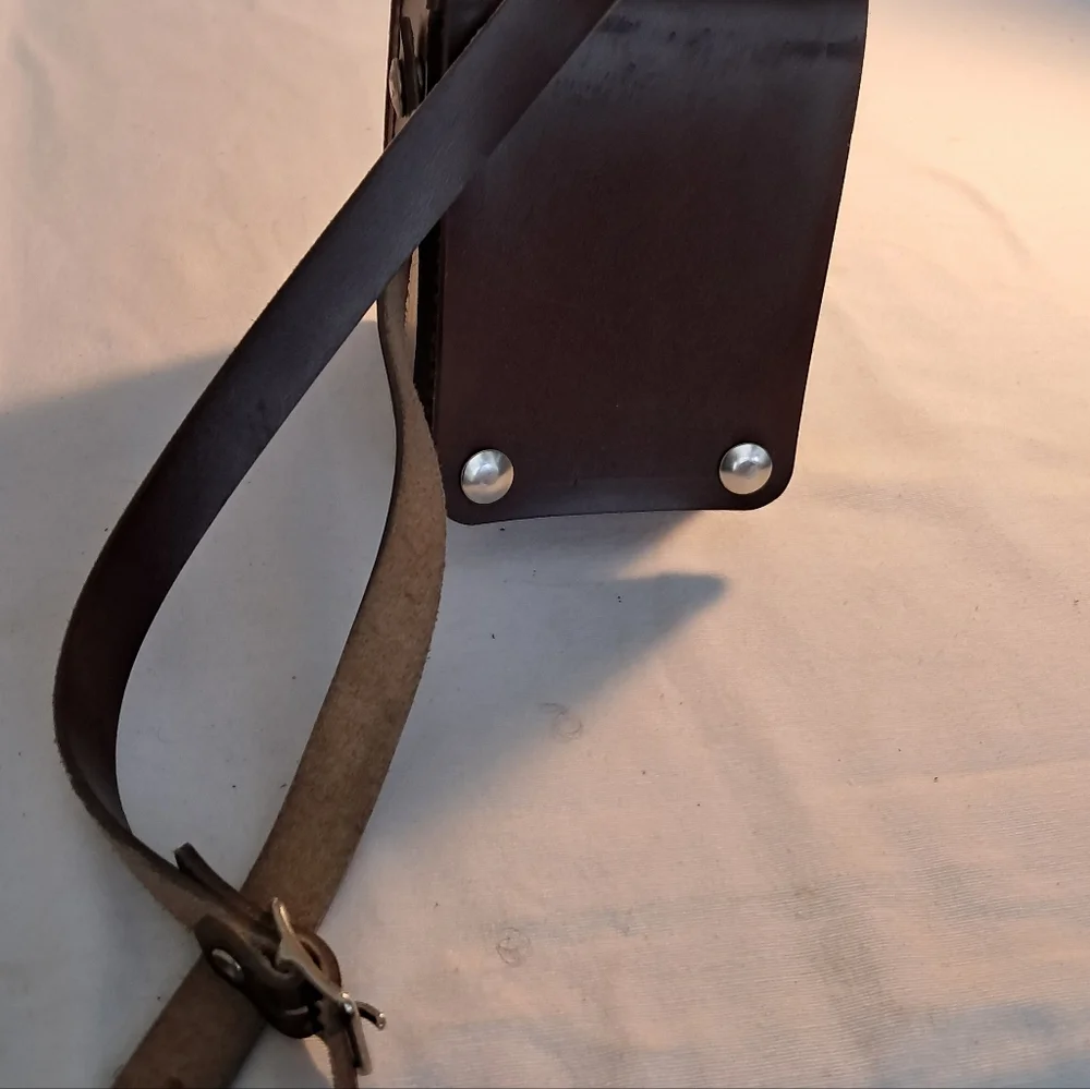 Vintage Leather Camera Case, long strap, brown, buckle straps inside, 4